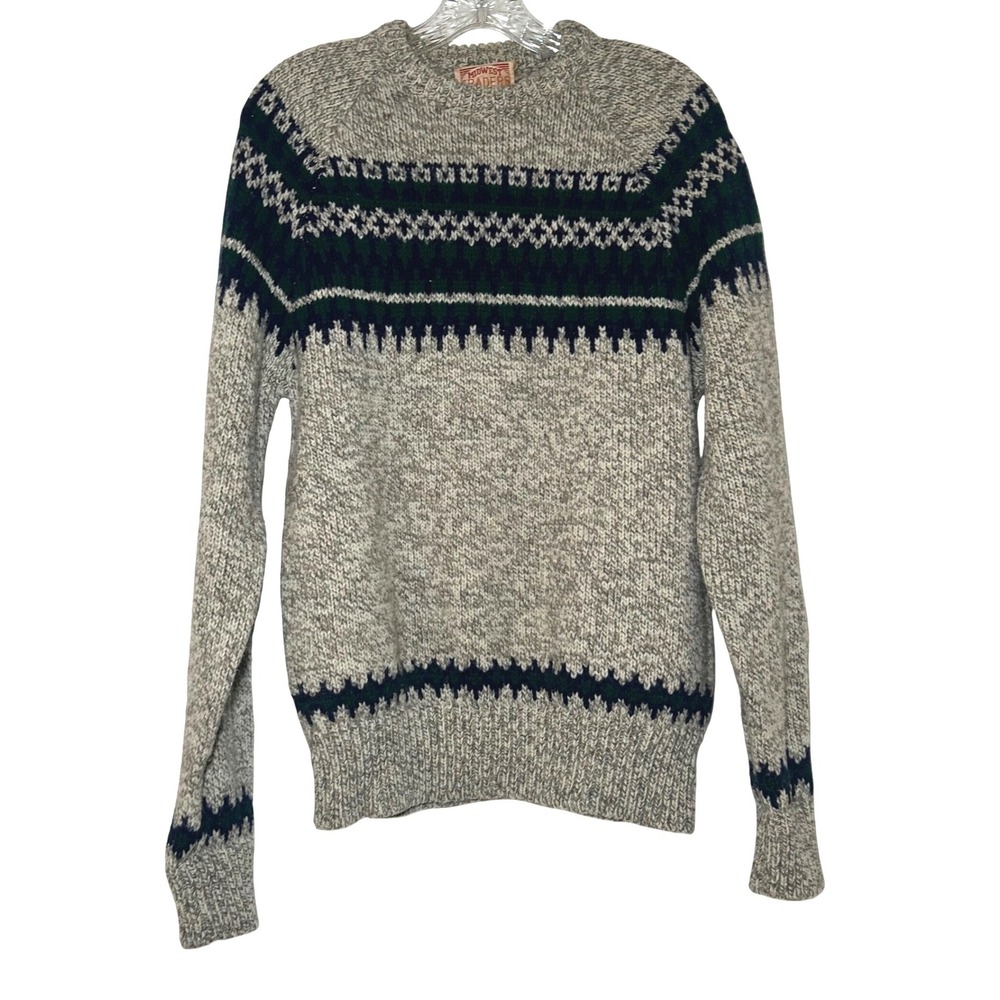 Vintage Midwest Traders Fair Isle Knit Sweater Large Grey Navy Green Wool Blend
